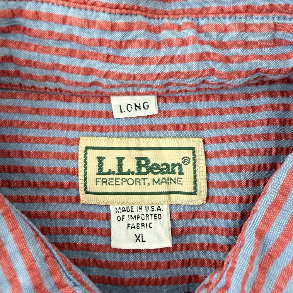 Vintage LL Bean Shirt Men's XL‎ Red Blue Seer Sucker Made In USA Long 90s Pocket